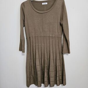 Calvin Klein Knit Sweater Dress Fit&Flare 3/4 Sleeves Lt Brown Tan Windowpane M